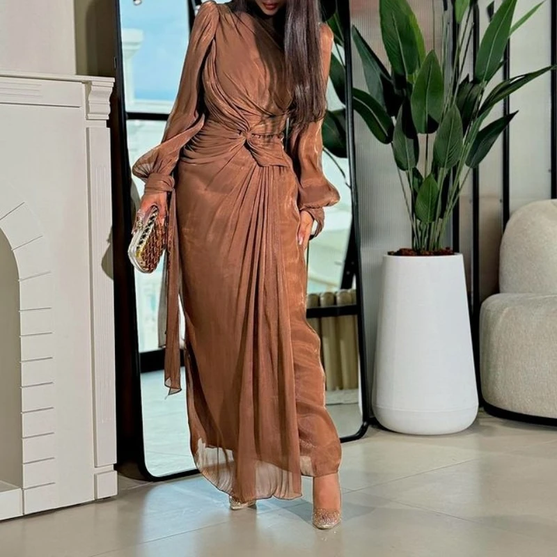 Elegant Women's Sparkling V-Neck Long Sleeved Evening Maxi Dress Simulated Silk Fabric Prom Party Pleated Dresses Ladies Vestido