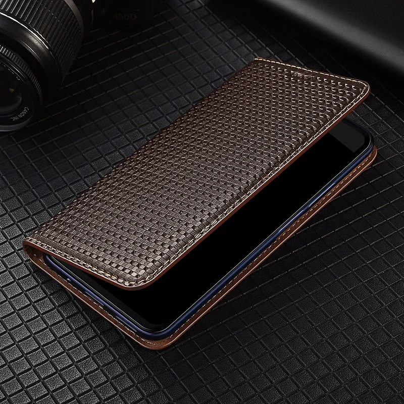 Genuine Cowhide Leather Flip Case For Samsung Galaxy S24 Ultra S23 S22 S21 FE Small Grids Texture Card Slots Holder Wallet Cover
