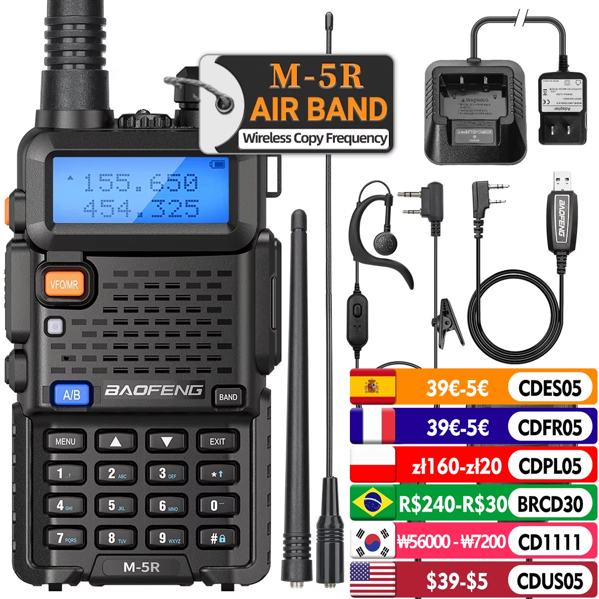 Baofeng M-5R 워키토키, 에어 밴드, 무선 복사 주파수, 전체 대역, 장거리 AM/FM UV-5R, K5 커뮤터 햄, 양방향 라디오 