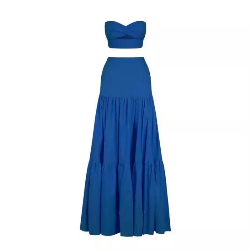Two Piece Sets Women Dress Sets Skirts Set Print Floral A Line Long Skirt Sexy Sleeveless Strapless Elegant Party High Waist