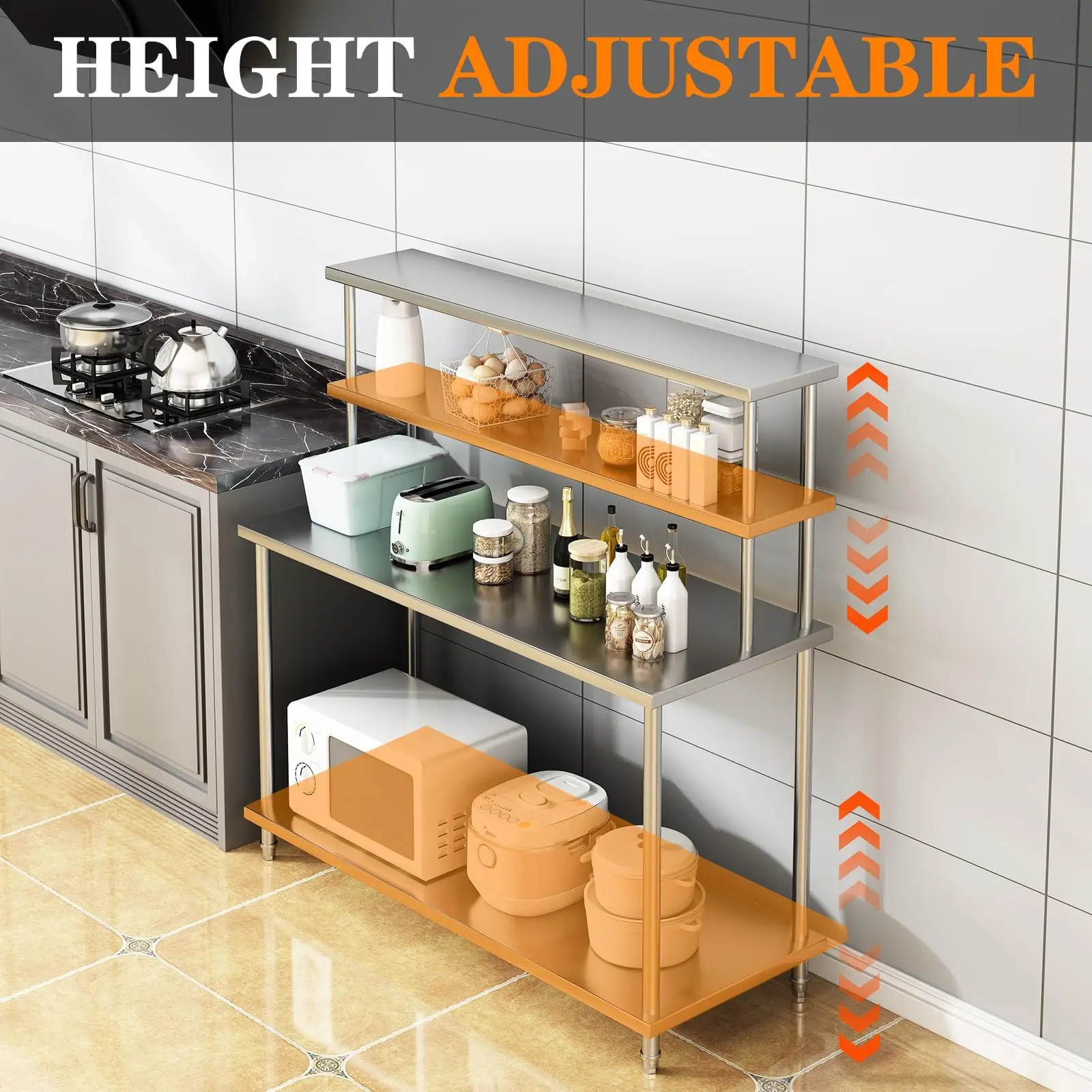 Heavy Duty 4-Tier Stainless Steel Work Table, 60x24 Inch Prep Station with Double Overshelves & Adjustable Undershelf for Commercial Kitchen, Restaurant, Laboratory, Warehouse, Home & Garage