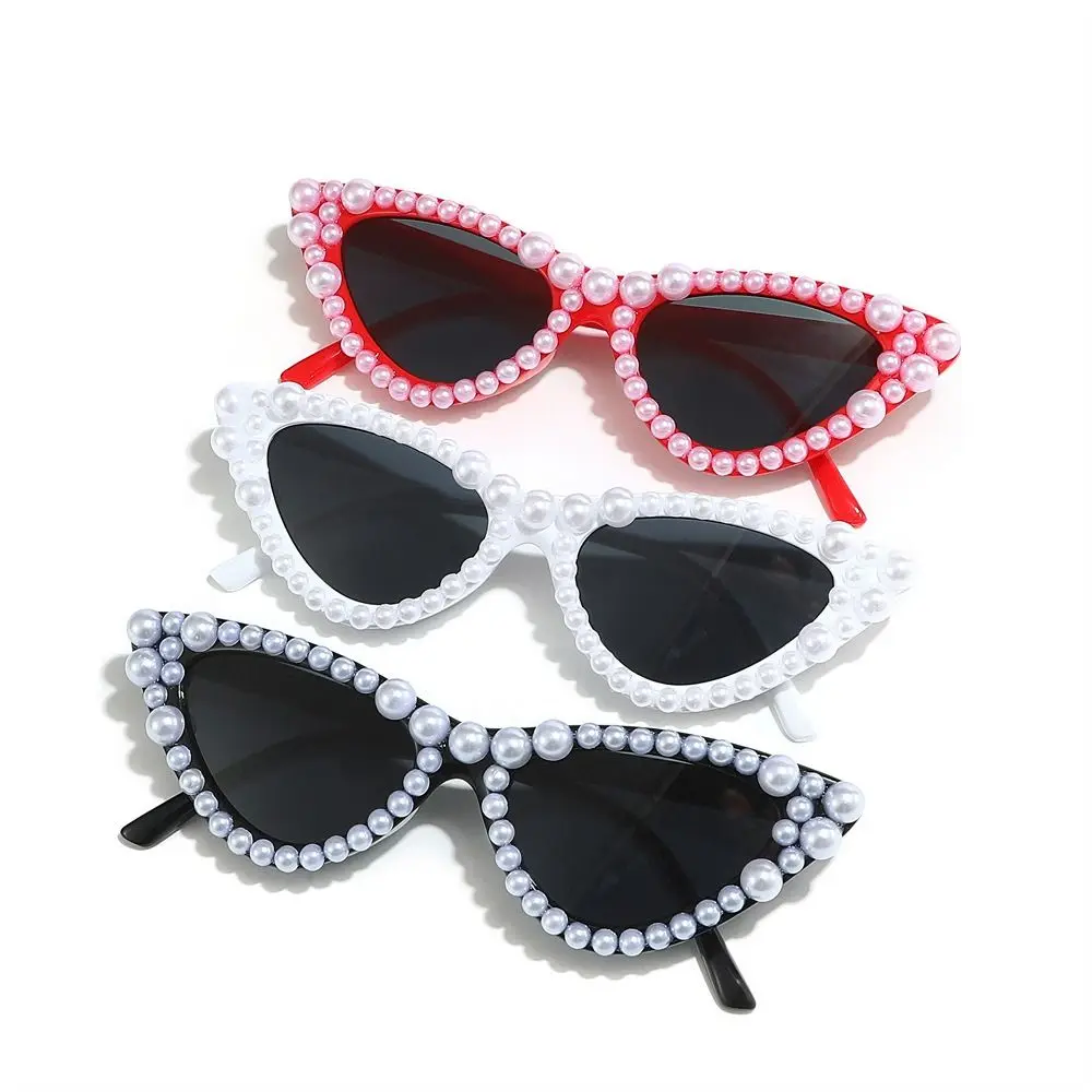 Cat's Eye Frame Pearl Decoration Sunglasses For Women Girls Sun-Protective Black Shades Glasses Outdoor Travel Driving Accessory