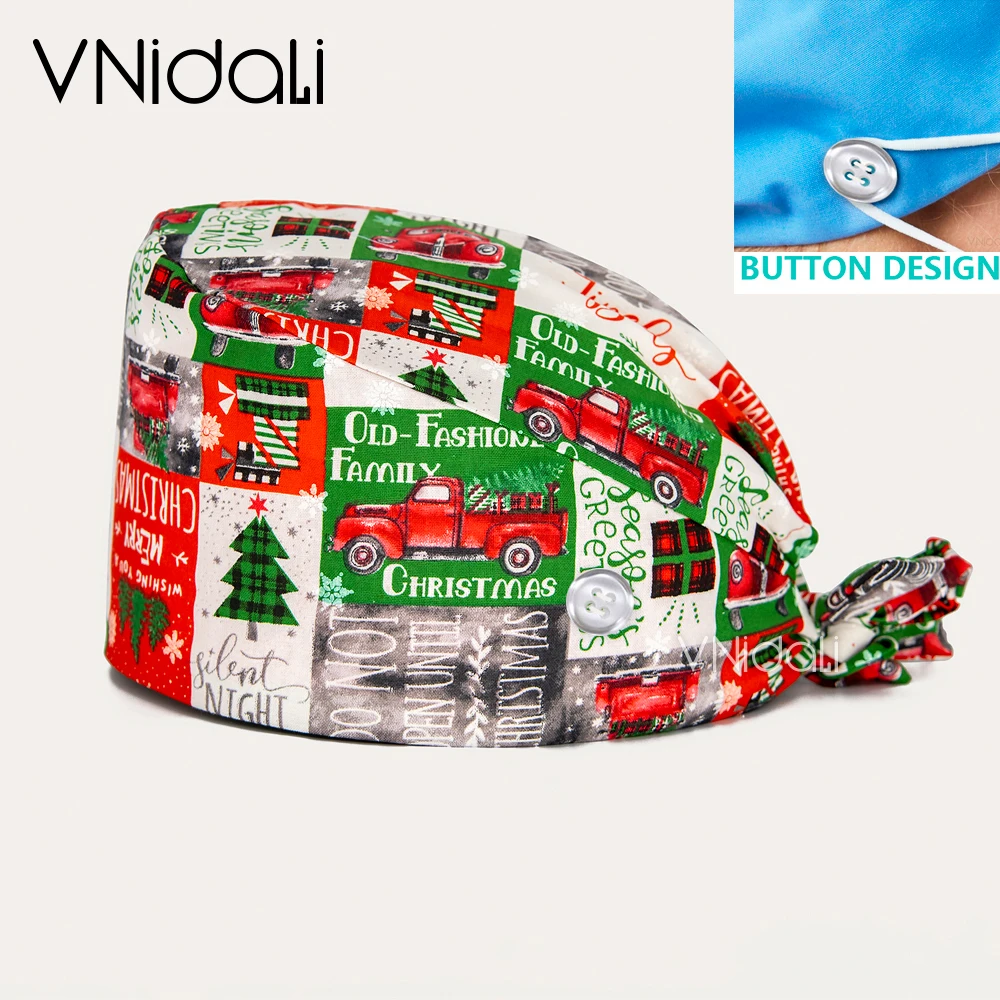 Christmas Printing Baotou Cap Women Men Surgical Cap Doctor Hat Buckle Nurse Pure Cotton Surgicals Cap For Women With Buttons