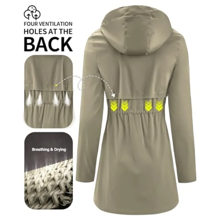 iCreek Women's Rain Jacket Packable Long Raincoat Hooded Plaid Lined Trench Coat Waterproof Windproof Lightweight for Outdoor view 6