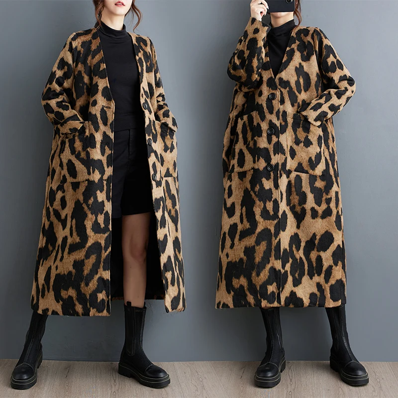 

Retro Style Loose Fit Leopard Print over Knee Length Double Layered Woolen Coat Versatile Women's Shirt V Neck Long Sleeve