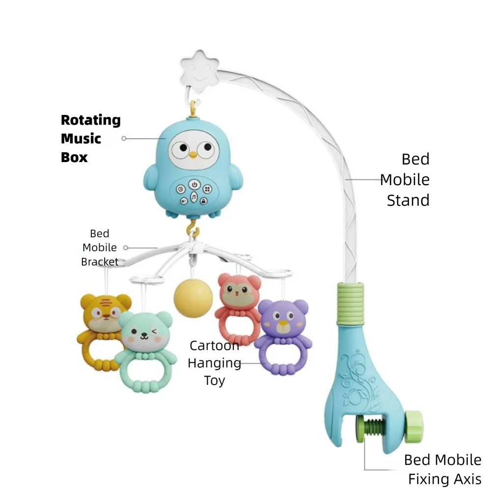 Campana da letto musicale per bambini a forma di gufo, rotazione a 360 gradi, campana da comodino sospesa, giocattolo versatile per campanello da letto in cartone animato per bambini da 0 a 18 mesi