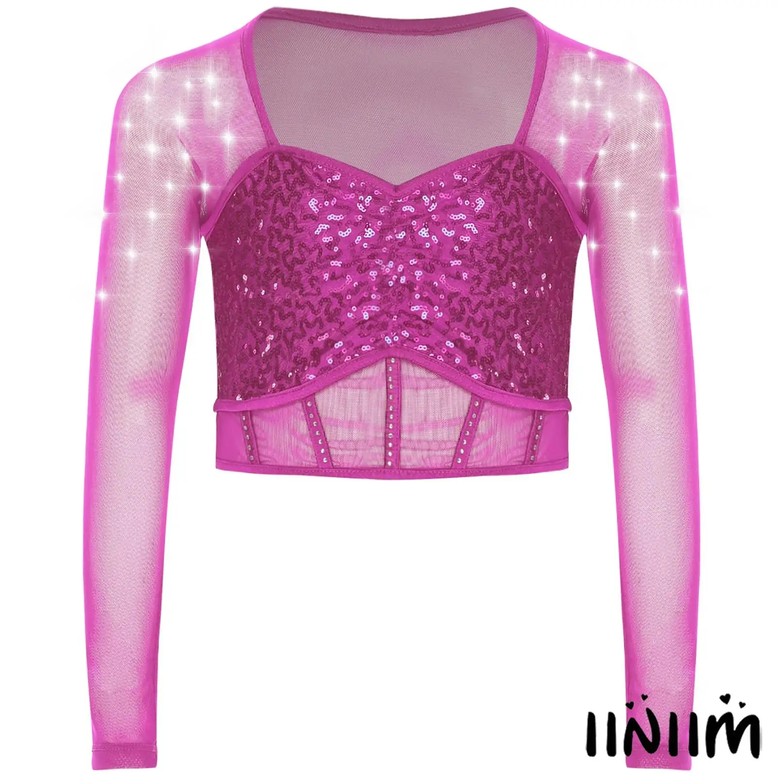 

Kids Girls Dance Crop Top Sheer Mesh Patchwork Sweetheart Neck Long Sleeve Sequins Rhinestones Performance Costume Party Wear