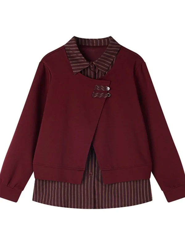 カジュアルなストライプ柄パッチワーク風フェイクツーピース 2026年春ファッション レディース ルーズフィット ロングスリーブ ミドル丈カジュアルトップ