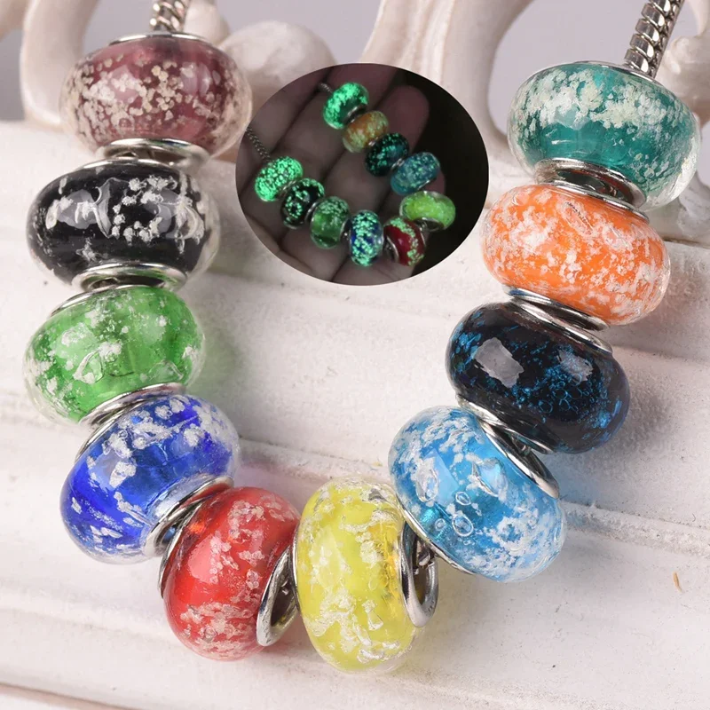 

10pcs 14mm Rondelle Luminous Handmade Murano Lampwork Glass European Charms Big Hole Beads for Bracelet Jewelry Making