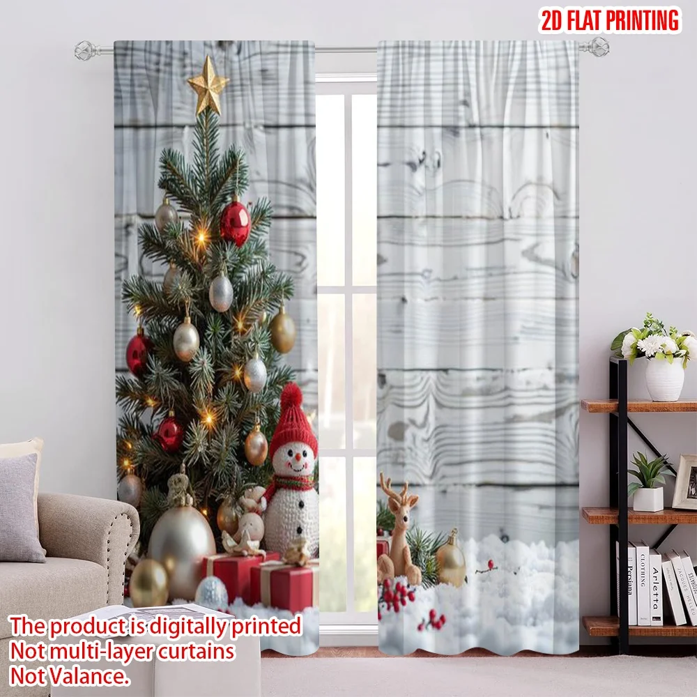 

2pcs 2D flat printing Christmas Party Curtain Winter White Wood Flooring Snowball Christmas Machine Washable Polyester Without