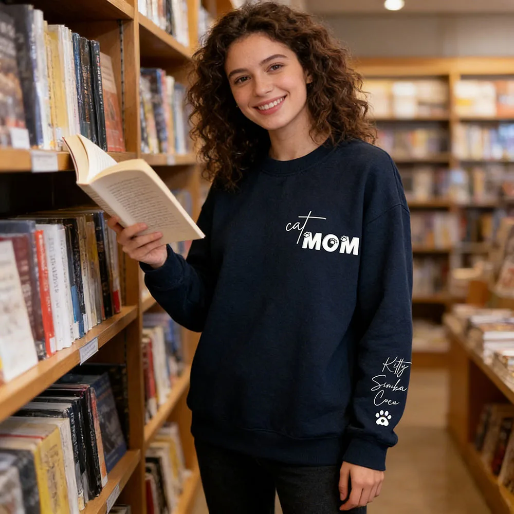 Personalized Cat Mom Sweatshirt Custom Pet Name Text On Sleeve Soft Round Neck Sweater Unique Cat Lover Gift For Mom Fur Mama