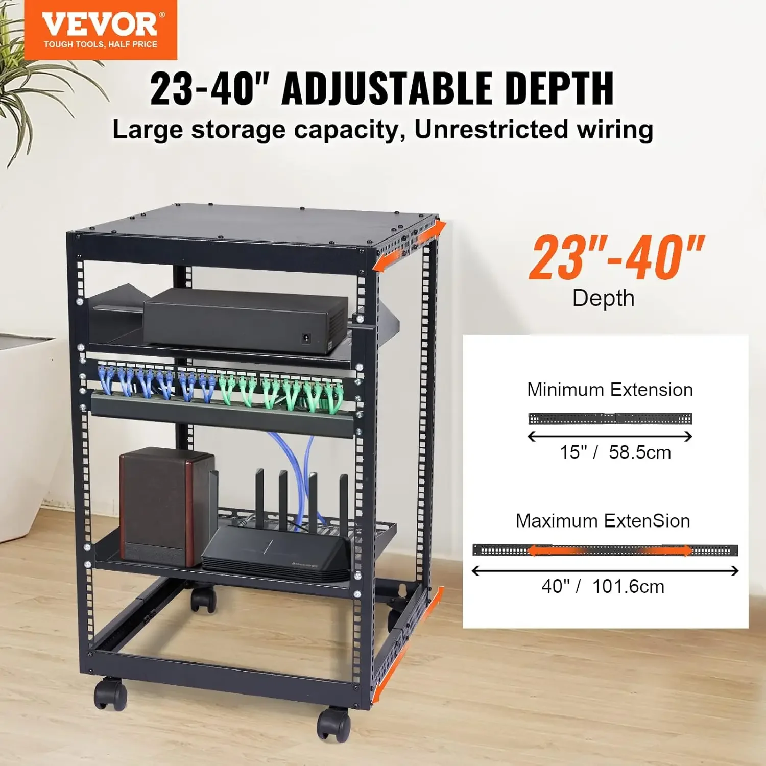 Rack de servidor de estrutura aberta 15U, profundidade ajustável de 23 ''-40'', rack de servidor de rede independente ou de montagem na parede, rack AV de 4 postes