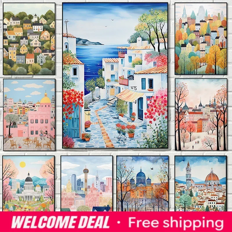 Watercolor Travel Illustration Romantic Paris Greece Picturesque Scenery City Poster Canvas Painting Wall Pictures Bedroom De