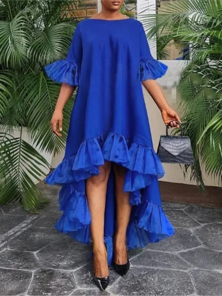 Fashionable O-neck Half-sleeved Dress For Women Fashionable Autumn Solid Color Loose Irregular Hem Splicing Party Dresses Female
