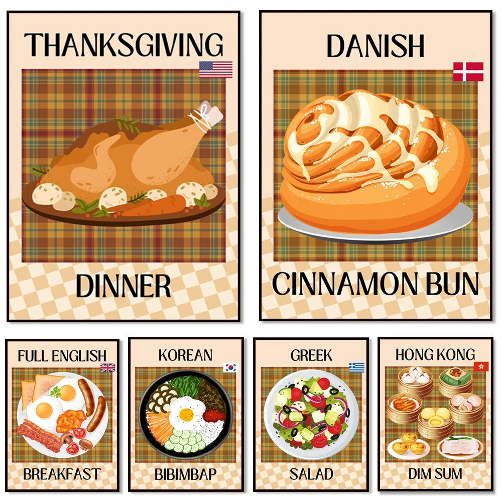 Sushi, desayuno inglés, mejillones belgas, ensalada, ratatouille, bollos de canela, bibimbap, paella, cartel de comida dim sum