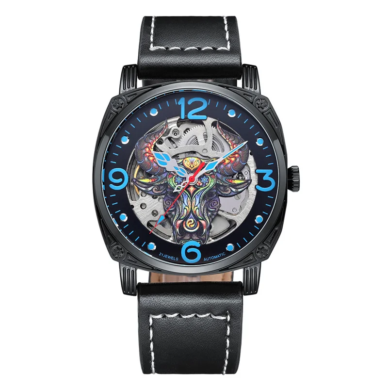 

New 3D Color Bull Head Design Men's Watches Fashion Waterproof Luminous Skeleton Automatic Mechanical Watch Relogios Masculino