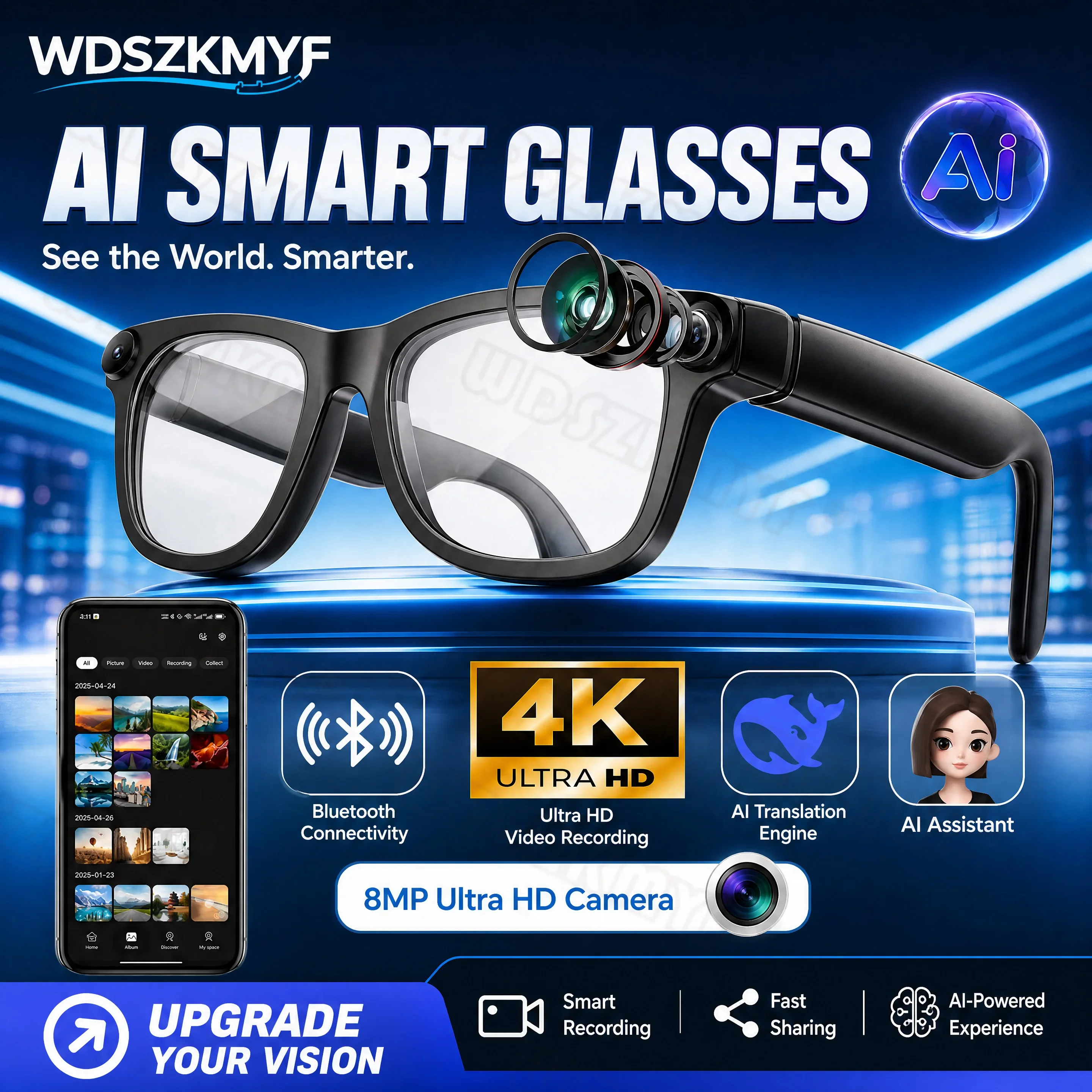 4K HD Upgrade Smart Glasses With Camera Video Recording AI Photo Recognition Bluetooth Call Translation Voice Sunglasses Men