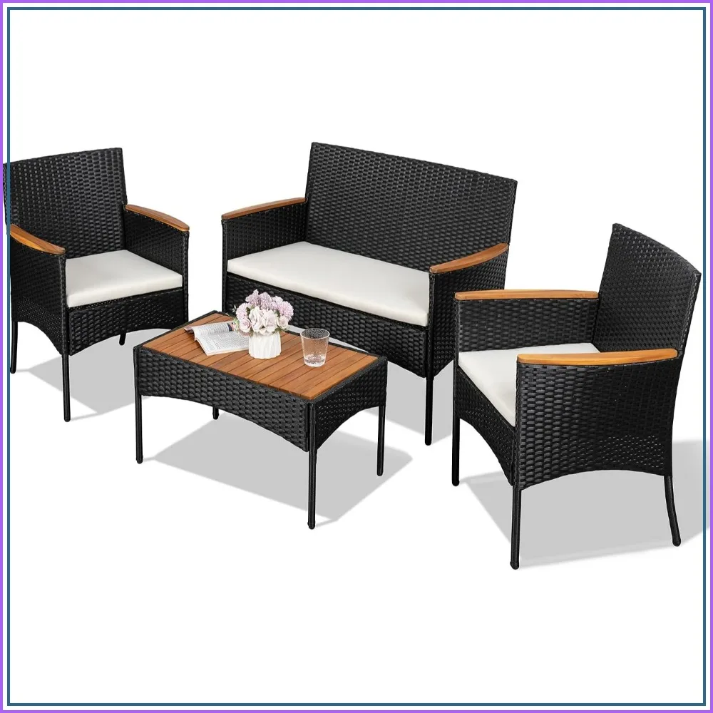 4-Piece Outdoor Wicker Patio Furniture Set with Cushions and Wooden Tabletop for Yard Pool