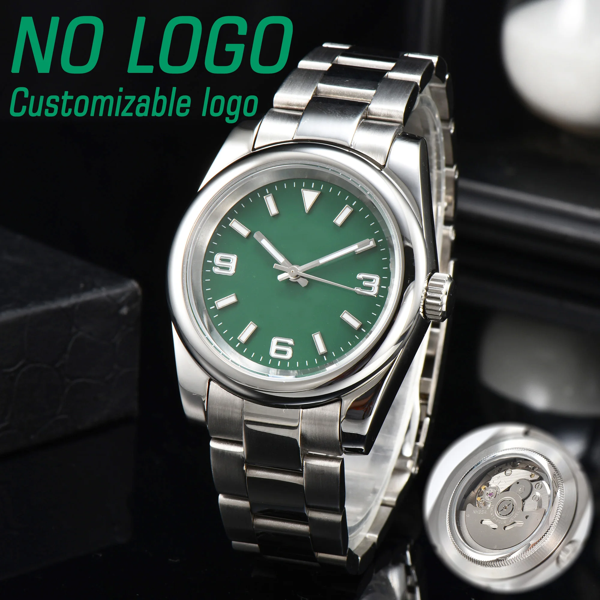 39mm NH35 No Logo Watch Men Watch Automatic Mechanical Watch Sapphire Glass Case Waterproof Green Luminous Watch Custom logo