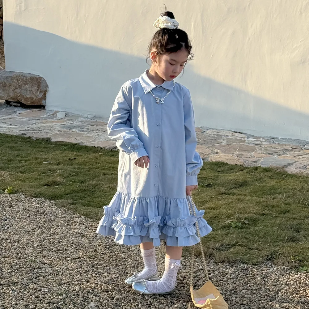 

Korea Spring Little Girl Dress Cotton Solid Floral Hem Turn Down Collar Kid Girl Dress Casual Long Sleeve Button Baby Girl Dress