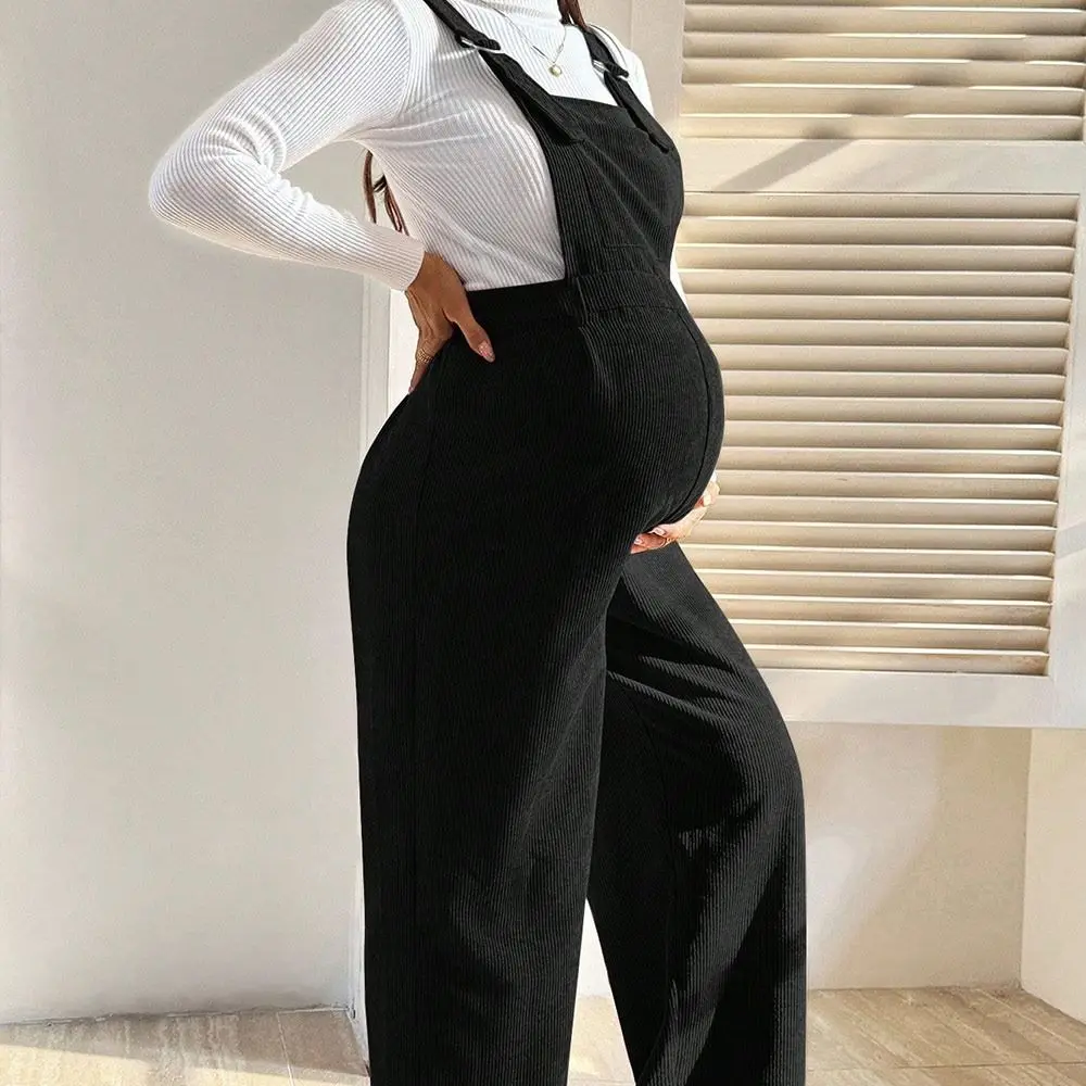 Solid Color Maternity Overalls Wide-leg Cut Adjustable Strap Pregnancy Jumpsuit Elastic Waist Loose Fit Corduroy Overalls