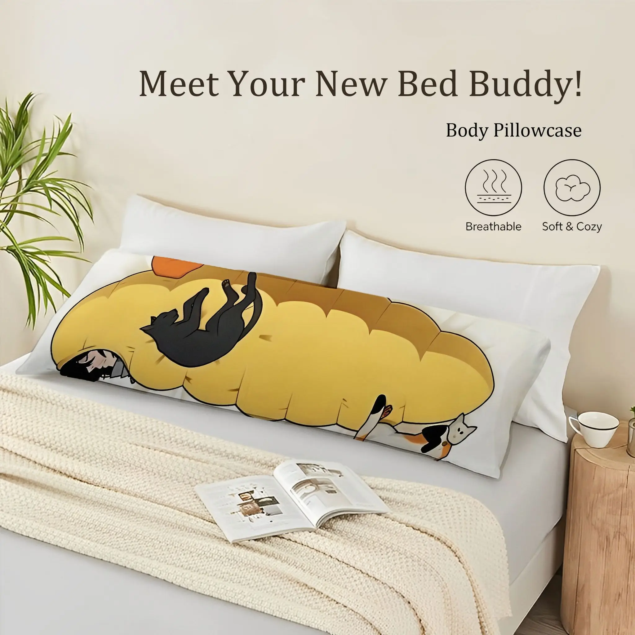Yellow Caterpillar-Shaped Plush Pillowcase with Human and Cat Animal Pattern | Soft and Comfortable, Ideal for Decorative Throw