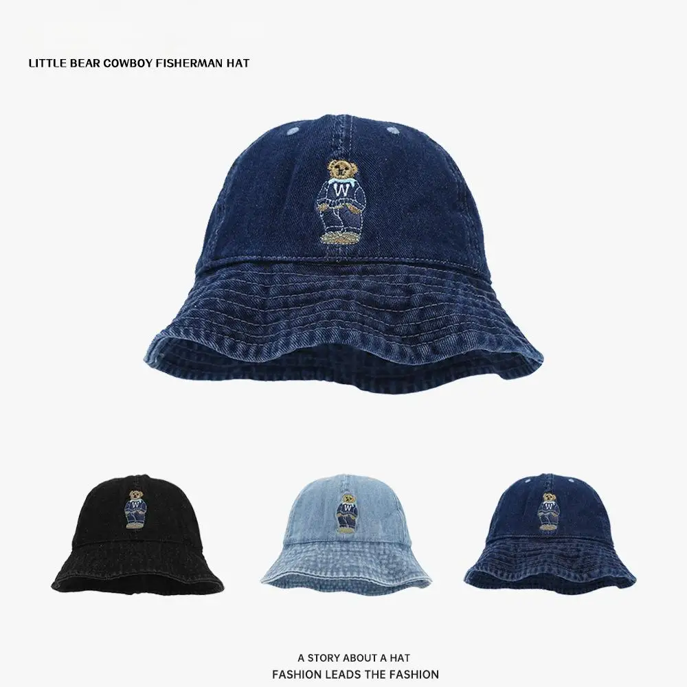 

Large Head Bucket Hat Women - Bear Embroidery Denim, UPF 50+ Sun Protection Face Slimmer