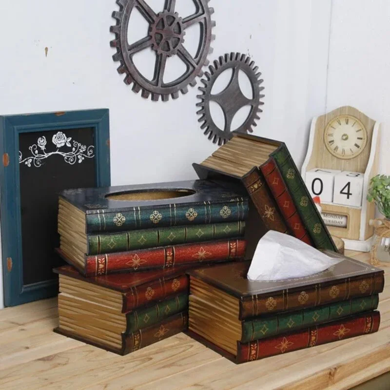 Creative Retro Wooden Book Shape Tissue Box Creative European Fashion Decoration Suction Box Tissue Holder