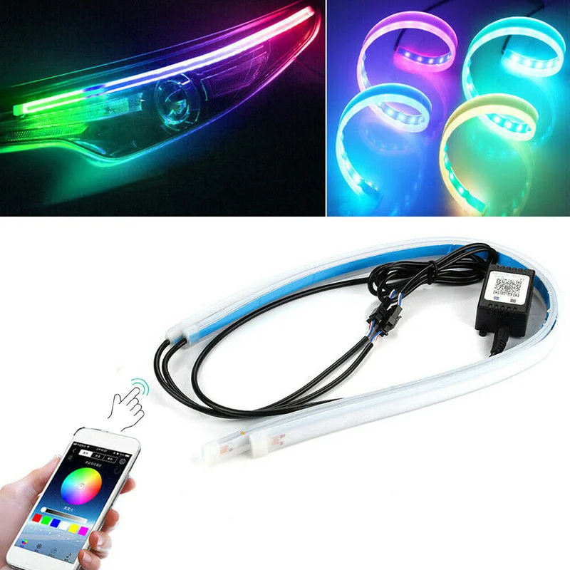 2pcs RGB Slim LED Entertainment Car Light Bar DRL Daytime Running Strip Light Headlight Decor Universal App Car Accessories