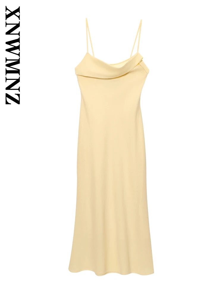 

XNWMNZ 2025 Summer Lady Fashion Sexy Shoulder Backless midi Dresses Chic Party Women Clothing khaki thin shoulder strap Dress