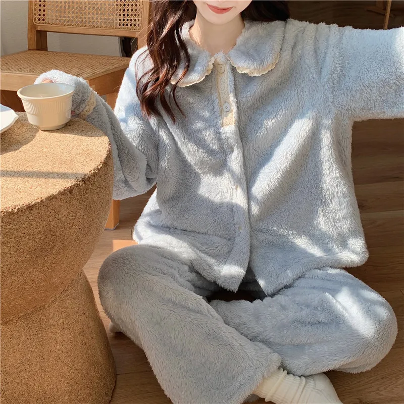 

Winter Coral Velvet 2Pcs Pyjamas Sweet Doll Collar Sleepwear Women Pajamas Set Casual Home Clothes Nightwear Female Loungewear