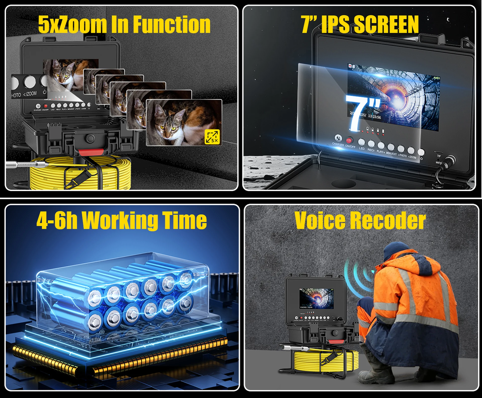 7 Inch IPS Pipe Inspection Camera, Sewer Camera with WiFi & 512Hz Locator Receiver, 17mm/23mm Endoscope Camera Head