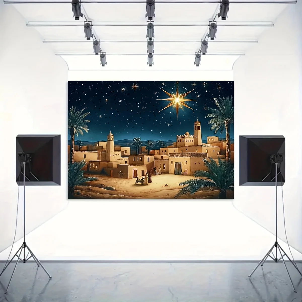1-teiliges Bethlehem Star Weihnachts-Hintergrundtuch – ein ruhiger Nachthimmel und Palmenbaum-Design, Hintergrundtuch