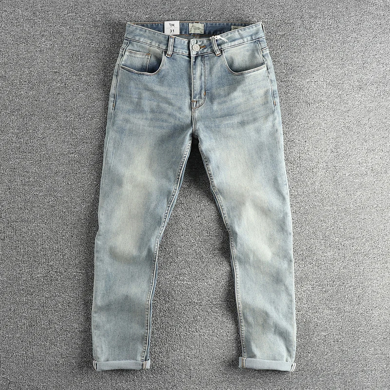 

Vintage made old light blue American jeans men's micro elastic fit small straight leg four seasons all-match long pants