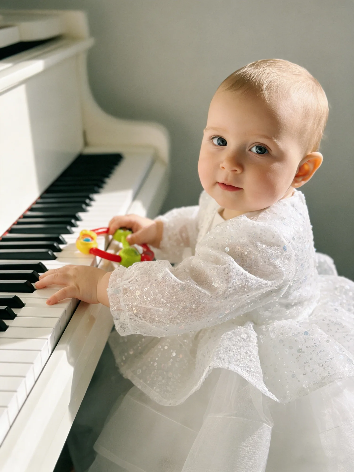 

Luxury Baby Girl White Sequin Dress - Bow Accents & Tulle - Elegant for Baptism & Birthday Parties