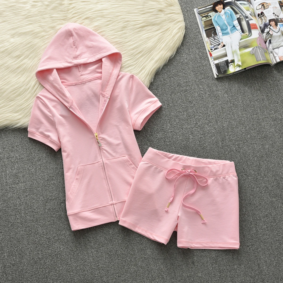2024 NEW Summer Cotton Women's Shorts Tracksuit Set Women's Zipper Sweatshirt and Short Set Shorts Tracksuit
