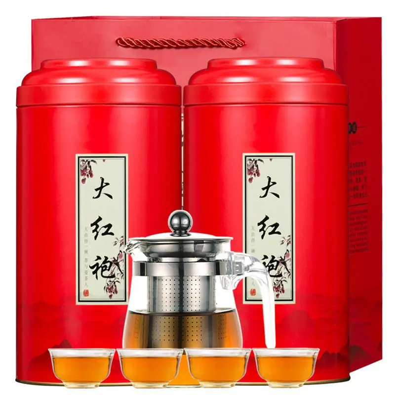 

Empty Sealed Tea Canister Tin 200g/400g Chinese Style Jar with 1 Teapot 4 Teacups Gift Set for Dahongpao Wuyi Rock Oolong Tea