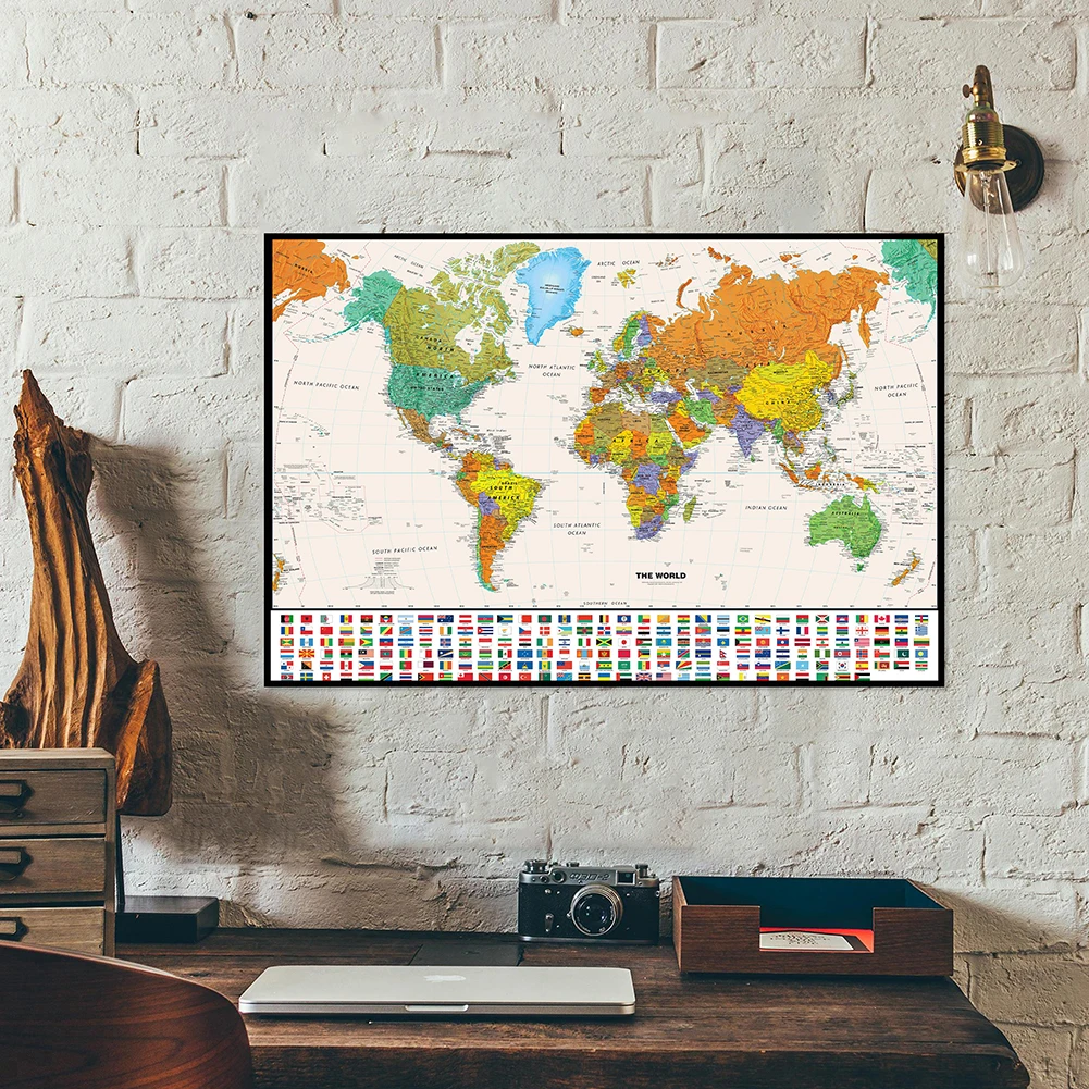 Póster de mapa del mundo en inglés para decoración del hogar, pintura en lienzo Vintage, suministros escolares educativos para niños, 59x42cm