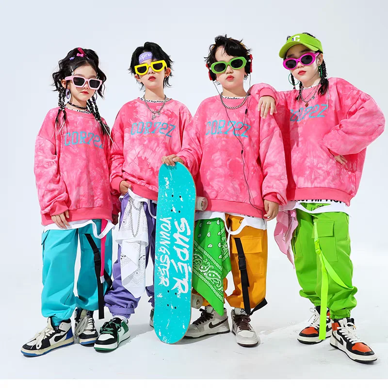 Mädchen Rosa Hip Hop Tie Dye Sweatshirt Street Dance Cargo Hosen Jungen Streetwear Kleidung Set Gruppe Jazz Bühne Leistung Kostüm