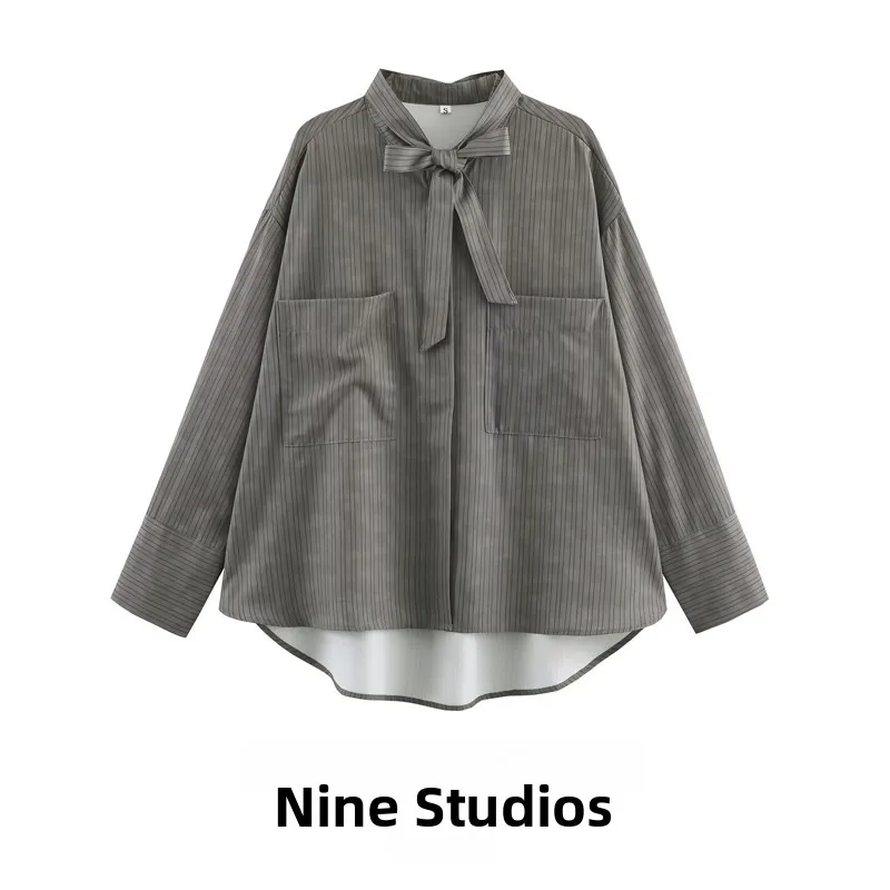 

Свободный женский повседневный топ средней длины с длинными рукавами, декорированный завязками, из хлопка и полиэстера, в европейском стиле