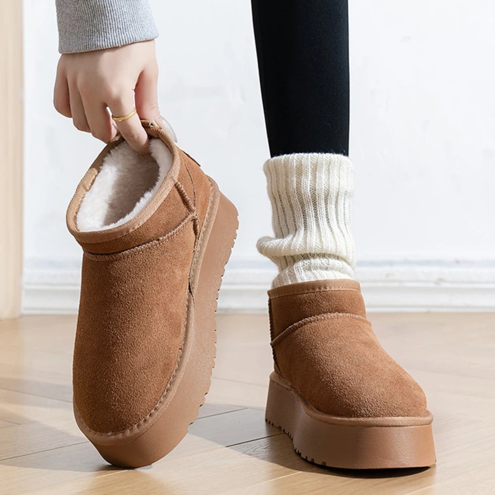 

Женские короткие зимние ботинки без шнуровки на толстой подошве с меховой подкладкой, зимние теплые непромокаемые повседневные нескользящие туфли на толстом каблуке с круглым носком