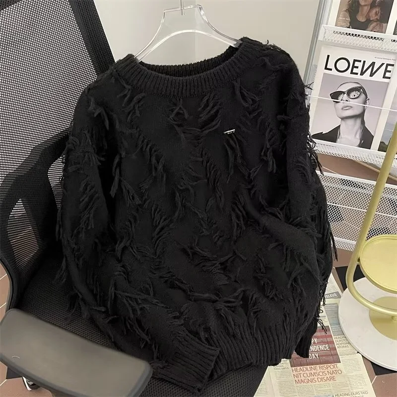 

Men's round Ne Knitted Sweater Winter Faion Brand Loose Fit Long Sve Base irt with Frayed Comfortable Lazy Sle