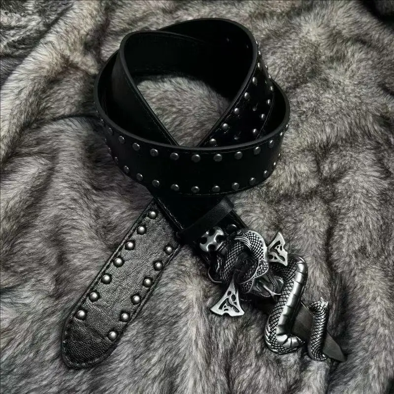 Vintage Snake Metal Buckle PU Leather Waist Belt Punk Rock Rivet Embossed Western Cowboy Waistband Unisex Decorative Jeans Belt