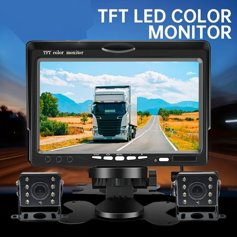 

Dual Rear View Backup Camera System with 7" HD Monitor, Heavy Duty 4-Pin Cable, Night Vision, 12-24V Car Plug, for Trucks, RVs