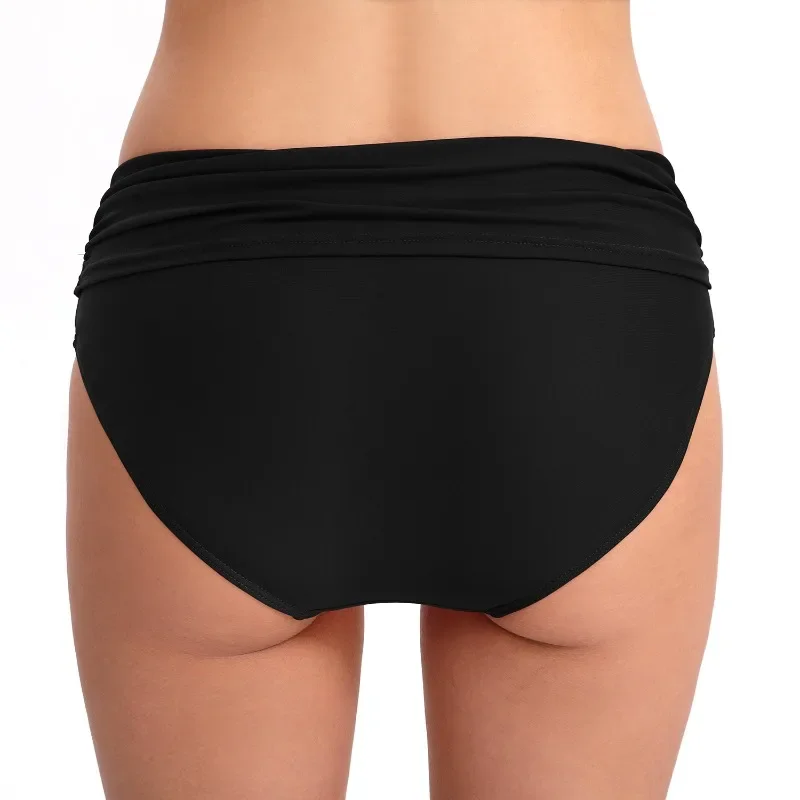 Cuecas de natação plissadas de cintura média femininas, shorts de natação slim sexy, moda praia com cores sólidas, shorts de praia clássicos