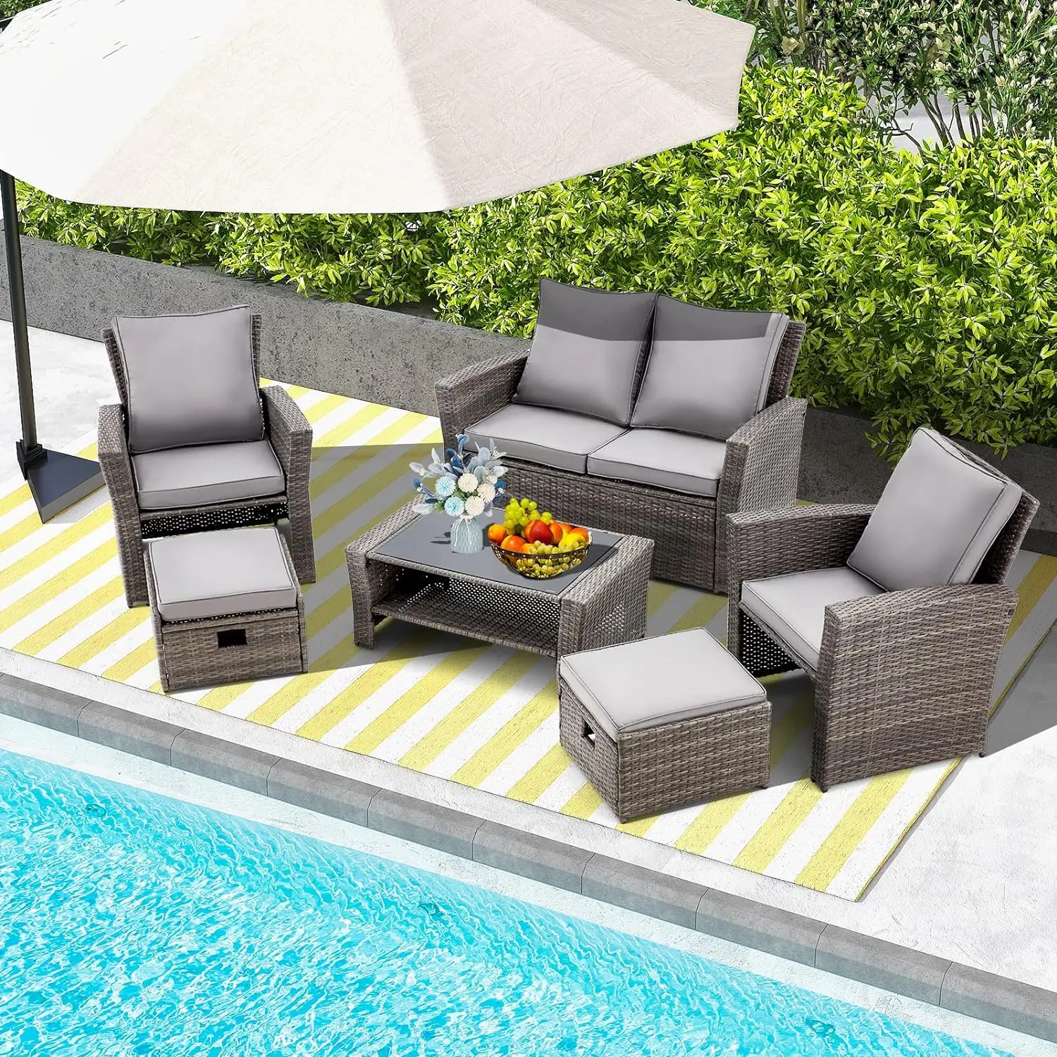 6 Piece Patio Furniture Set Outdoor Sectional Conversation Rattan Sofa Set with Ottoman and Outdoor Storage Table forGardenPorch