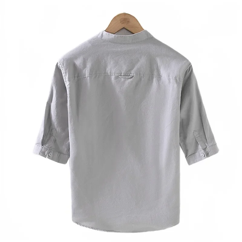 Chinoiserie linen shirt men's short sleeve loose summer casual thin five sleeve shirt middle sleeve white cotton linen shirt