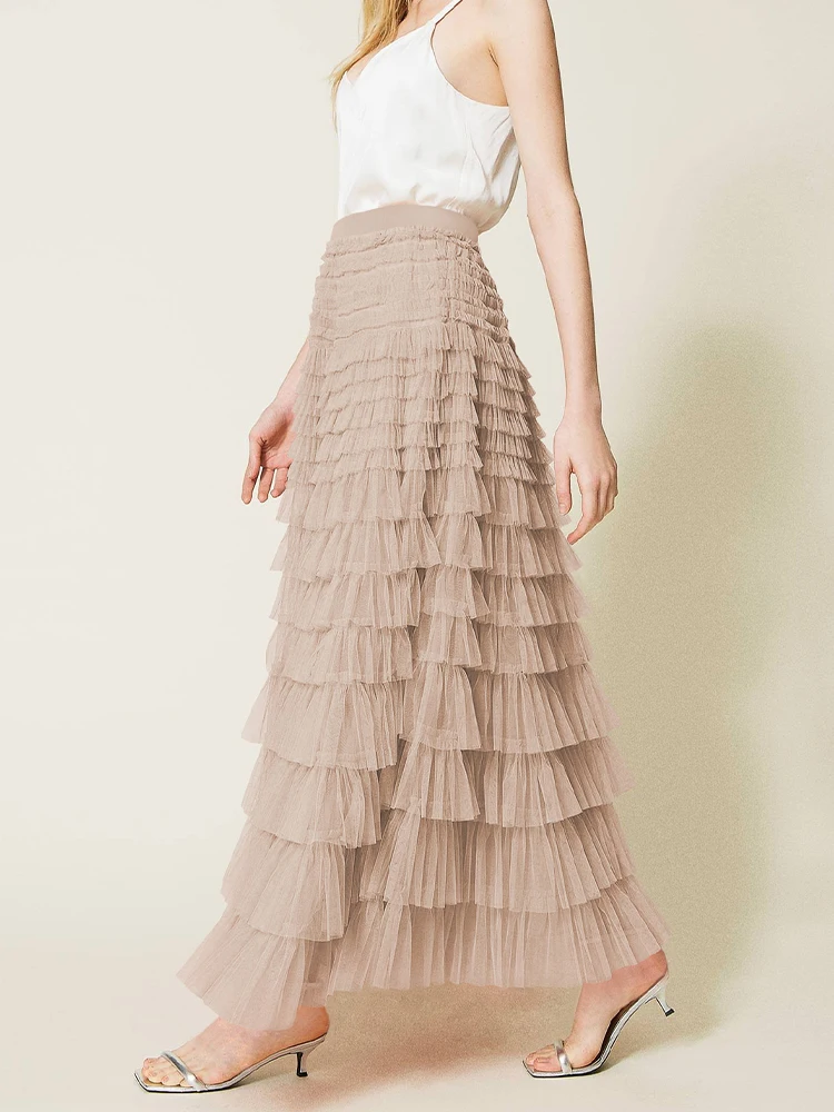 Casual Lange Rok Dames Zomer Mesh Cake Rokken Dames Elegante Gelaagde Ruches Rok Dames Mode Effen Kleur Geplooide Faldas