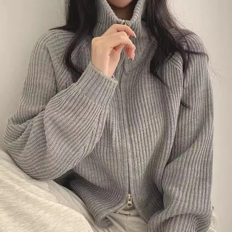 

Ele Autumn Winter New Sle Retro Double Zipper Long Sve Thi Knitted Open Cardigan Sweater Jaet for Women