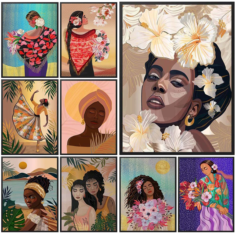 

Cartoon Black Woman Dancing Girl Portrait Poster Wall Art Canvas Painting Home Decor Wall Pictures For Living Room Unframed